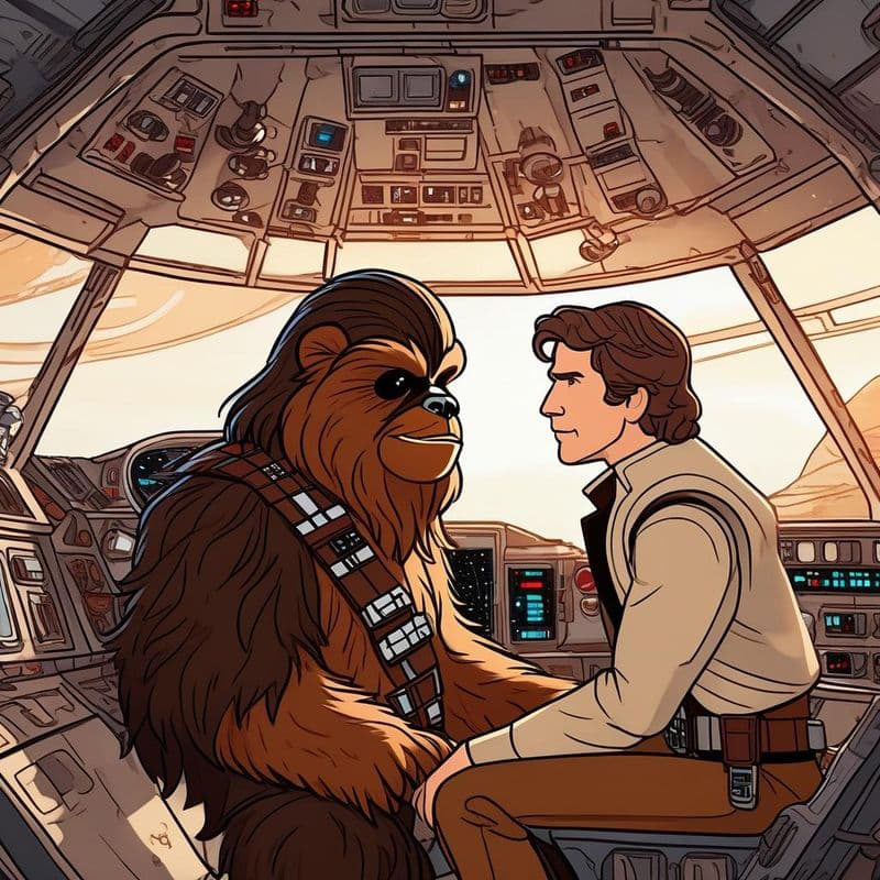 Han Solo and Chewbacca, Fast SDXL (google instance on Huggingface). Image for A Galactic Comedy