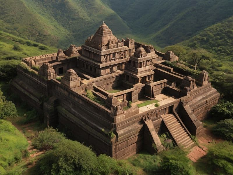 Fort in style of astral metropolis from Maharashtra, situated in Hills. LeonardoAi