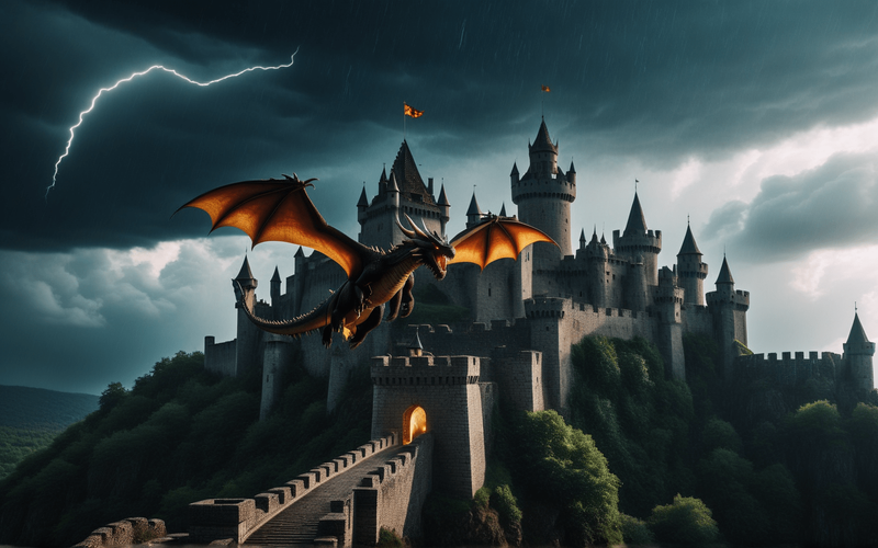 Dragon flying near a castle. Image generated with fast SDXL