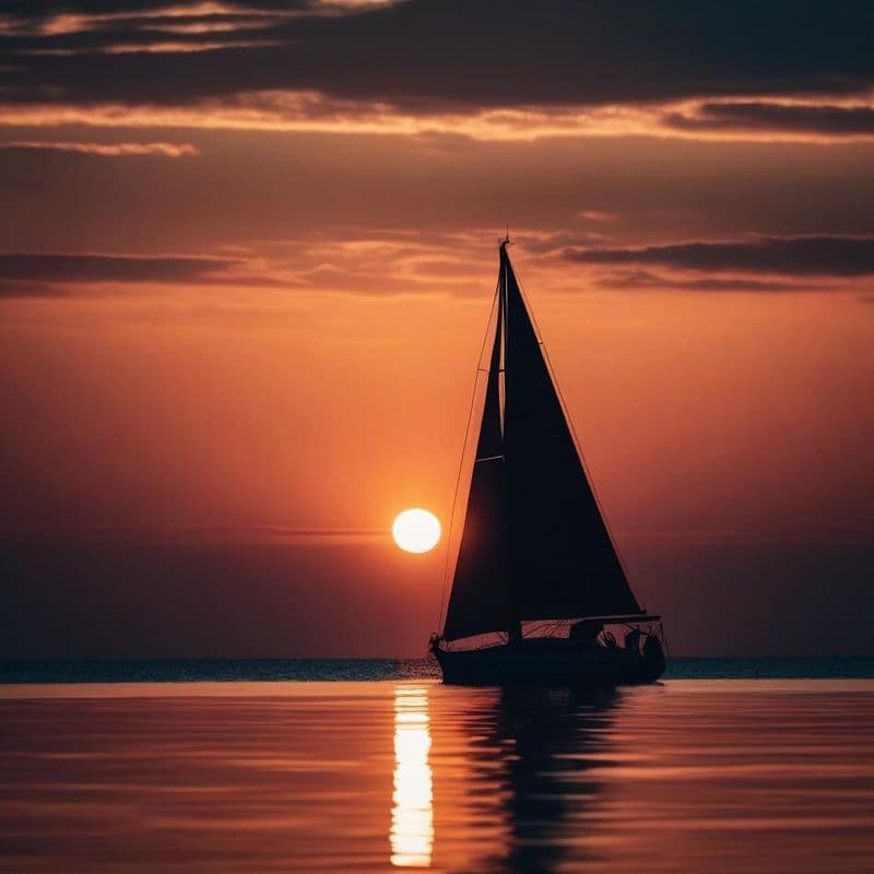 Sailboat against a setting sun. AI generated image using Dall3XLV2