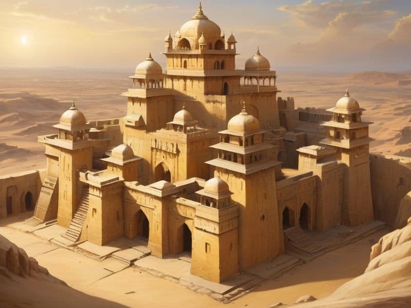 Fort in style of astral metropolis from Rajasthan, situated in desert. LeonardoAi