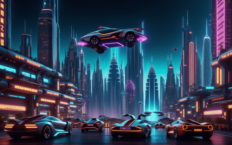 A futuristic cityscape in India with towering skyscrapers, neon lights, and flying cars.